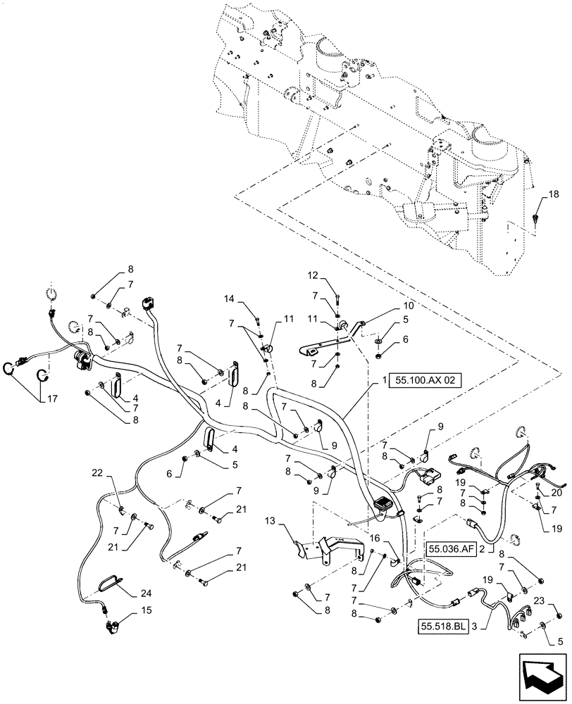 Схема запчастей Case IH QUADTRAC 620 - (55.100.AX[01]) - FRONT FRAME HARNESS MOUNTING, BSN ZFF308000 (55) - ELECTRICAL SYSTEMS