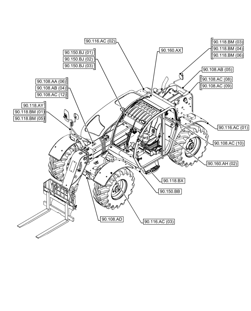 Схема запчастей Case IH FARMLIFT 742 - (90.000.00[01]) - SECTION INDEX - PLATFORM, CAB, BODYWORK AND DECALS (90) - PLATFORM, CAB, BODYWORK AND DECALS