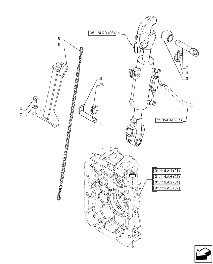Схема запчастей Case IH PUMA 150 - (35.124.AD[01]) - VAR - 758071, 758076 - 3 HITCH POINT, HYDRAULIC TOP LINK (35) - HYDRAULIC SYSTEMS