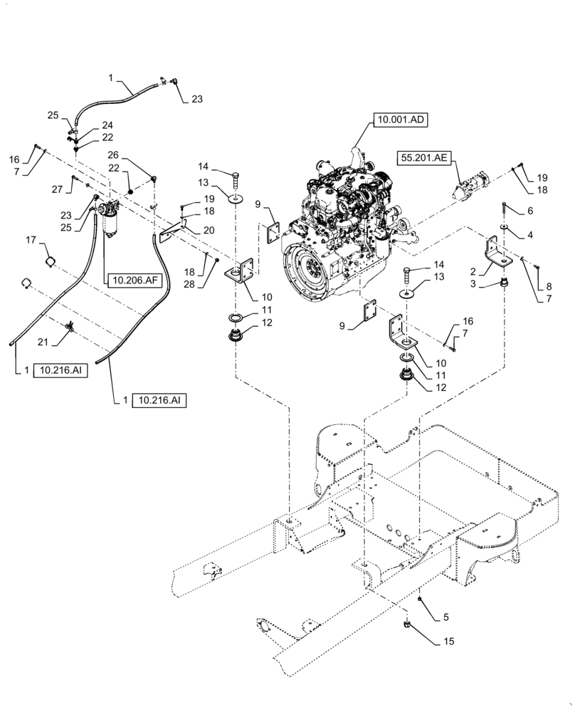Схема запчастей Case IH WD1504 - (10.001.AK) - ENGINE MOUNT, 4 CYLINDER (10) - ENGINE