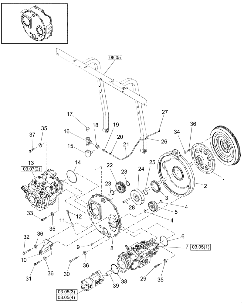 Схема запчастей Case IH WD2303 - (03.10[1]) - FLYWHEEL AND GEARBOX (03) - TRANSMISSION