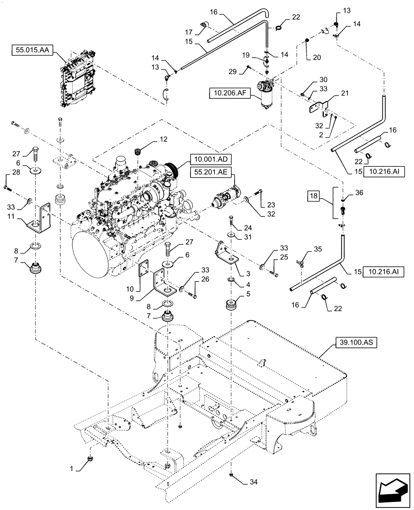 Схема запчастей Case IH WD1904 - (10.001.AK) - ENGINE MOUNT, 6 CYLINDER (10) - ENGINE