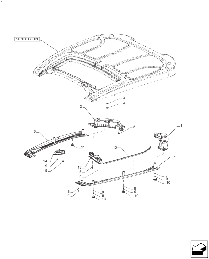 Схема запчастей Case IH FARMALL 120A - (90.150.BC[02]) - VAR - 334743 - ROOF, HATCH, HINGE (90) - PLATFORM, CAB, BODYWORK AND DECALS