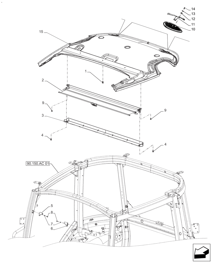 Схема запчастей Case IH FARMALL 120A - (90.150.BC[03]) - VAR - 334743 - ROOF HATCH (90) - PLATFORM, CAB, BODYWORK AND DECALS