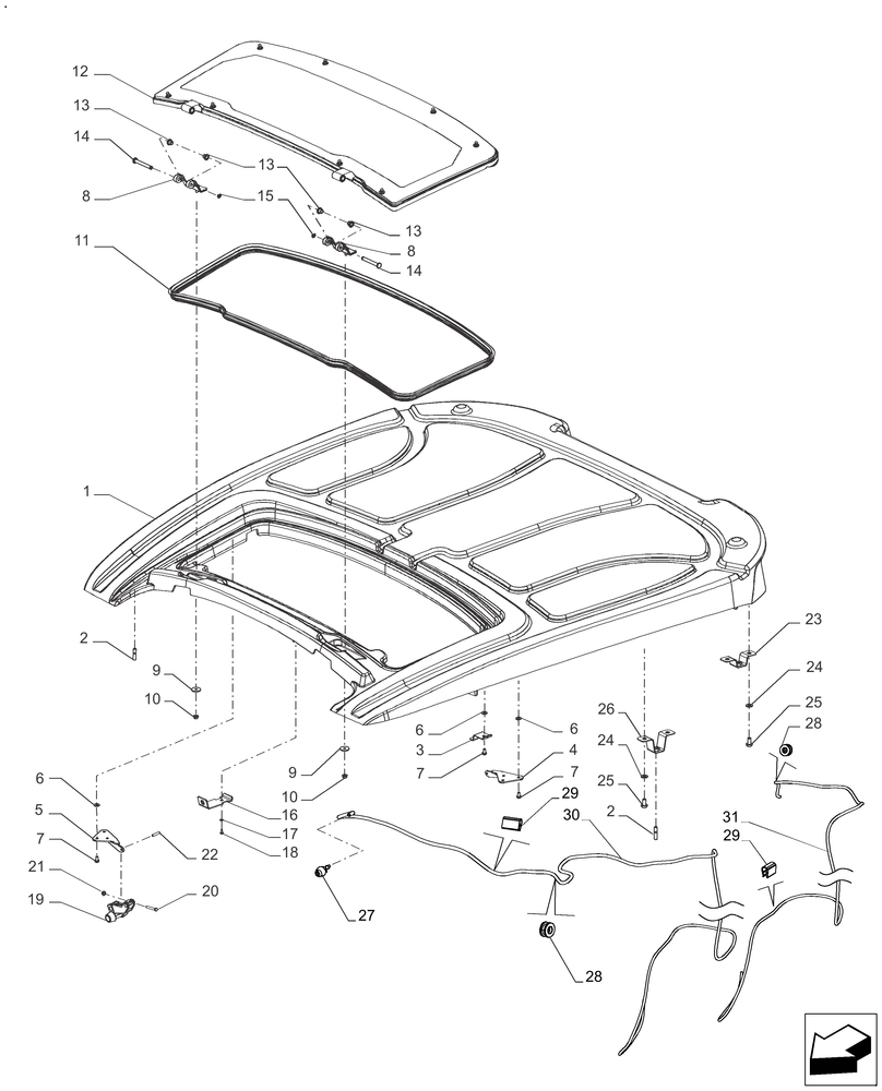 Схема запчастей Case IH FARMALL 120A - (90.150.BC[01]) - VAR - 334743 - ROOF, HATCH (90) - PLATFORM, CAB, BODYWORK AND DECALS