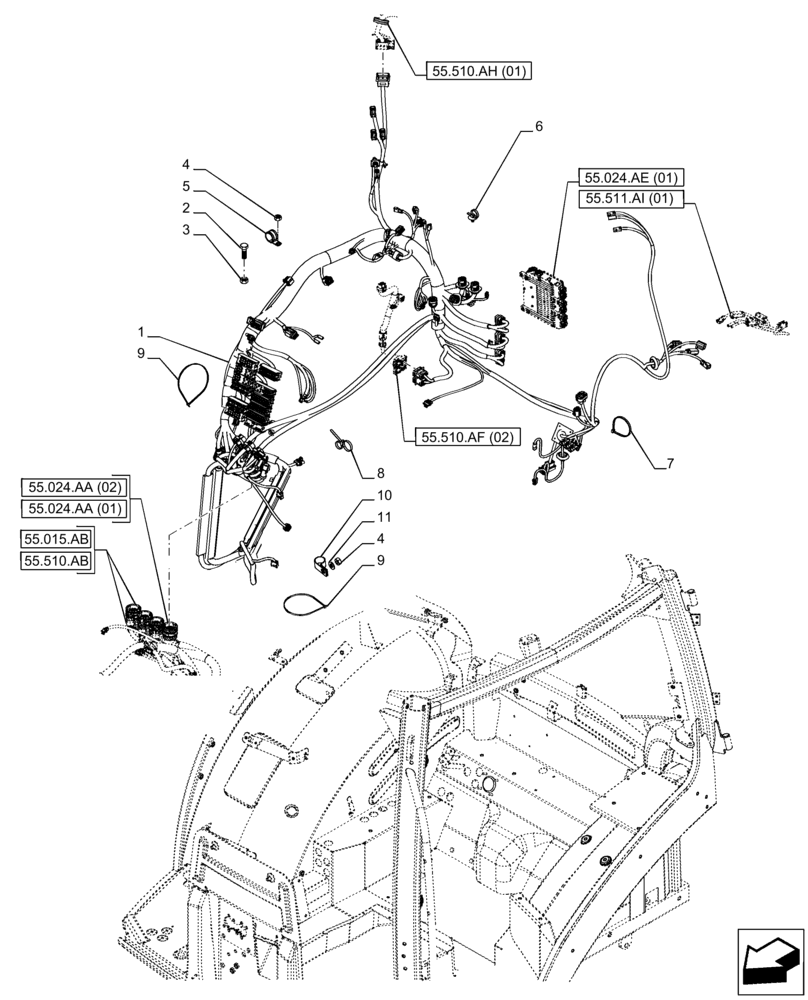 Схема запчастей Case IH PUMA 150 - (55.510.AF[01]) - VAR - 332722, 332723, 392114, 392115 - CAB MAIN WIRE HARNESS (55) - ELECTRICAL SYSTEMS