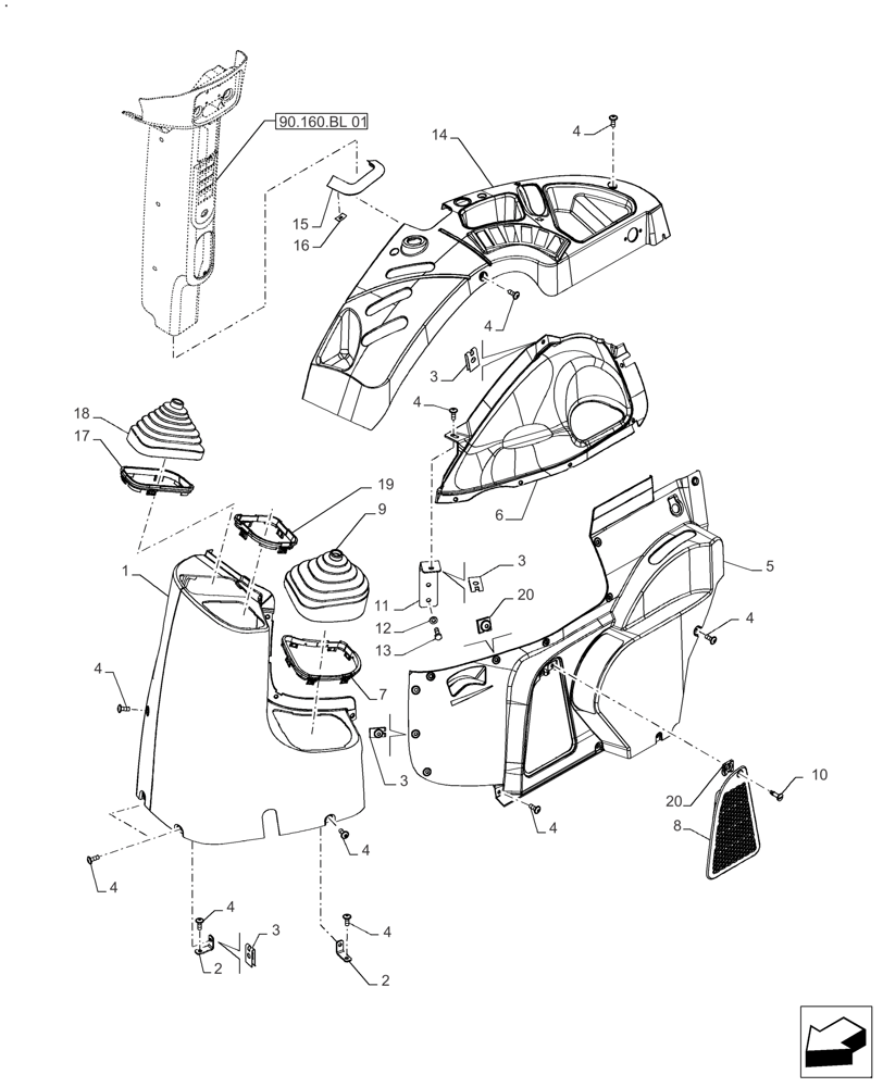 Схема запчастей Case IH FARMALL 130A - (90.160.BL[03]) - VAR - 330196 - CAB INTERIOR TRIM, JOYSTICK (90) - PLATFORM, CAB, BODYWORK AND DECALS