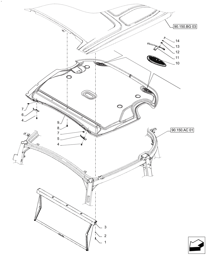 Схема запчастей Case IH FARMALL 120A - (90.151.AE) - VAR - 391126 - ROOF (90) - PLATFORM, CAB, BODYWORK AND DECALS
