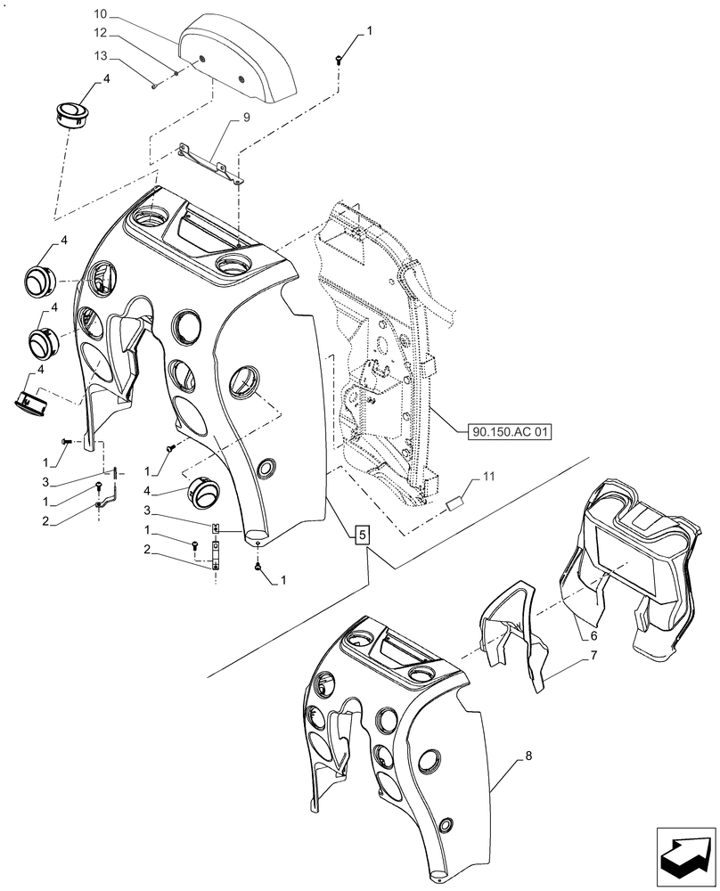 Схема запчастей Case IH FARMALL 130A - (90.160.AO[01]) - VAR - 391610 - CONSOLE, INSTRUMENT PANEL (90) - PLATFORM, CAB, BODYWORK AND DECALS