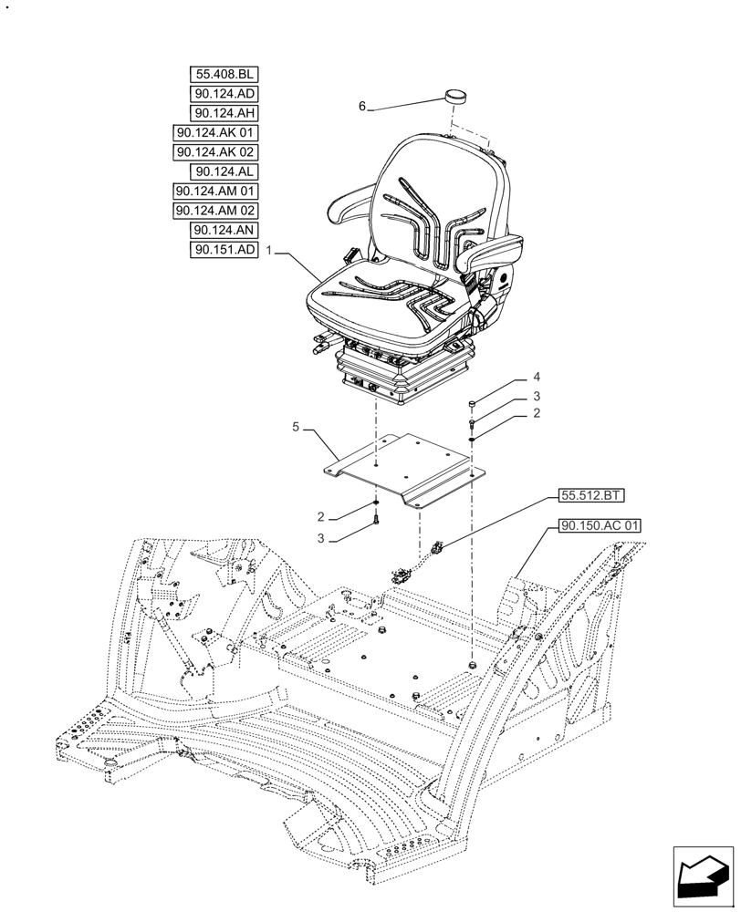 Схема запчастей Case IH FARMALL 130A - (90.124.AE[04]) - VAR - 336923 - DRIVER SEAT, SEAT PEDESTAL & AIR SUSPENSION (90) - PLATFORM, CAB, BODYWORK AND DECALS