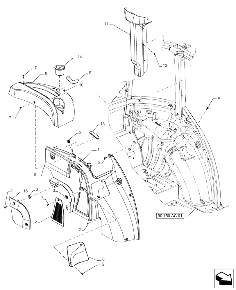 Схема запчастей Case IH FARMALL 130A - (90.160.AM) - VAR- 391610, 391127 - CAB INTERIOR TRIM (90) - PLATFORM, CAB, BODYWORK AND DECALS