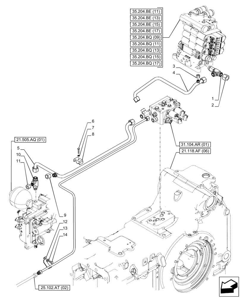 Схема запчастей Case IH PUMA 165 CVT - (35.322.AY[16]) - VAR - 391138, 758022 - TRANSMISSION, LOW PRESSURE, LINE (35) - HYDRAULIC SYSTEMS