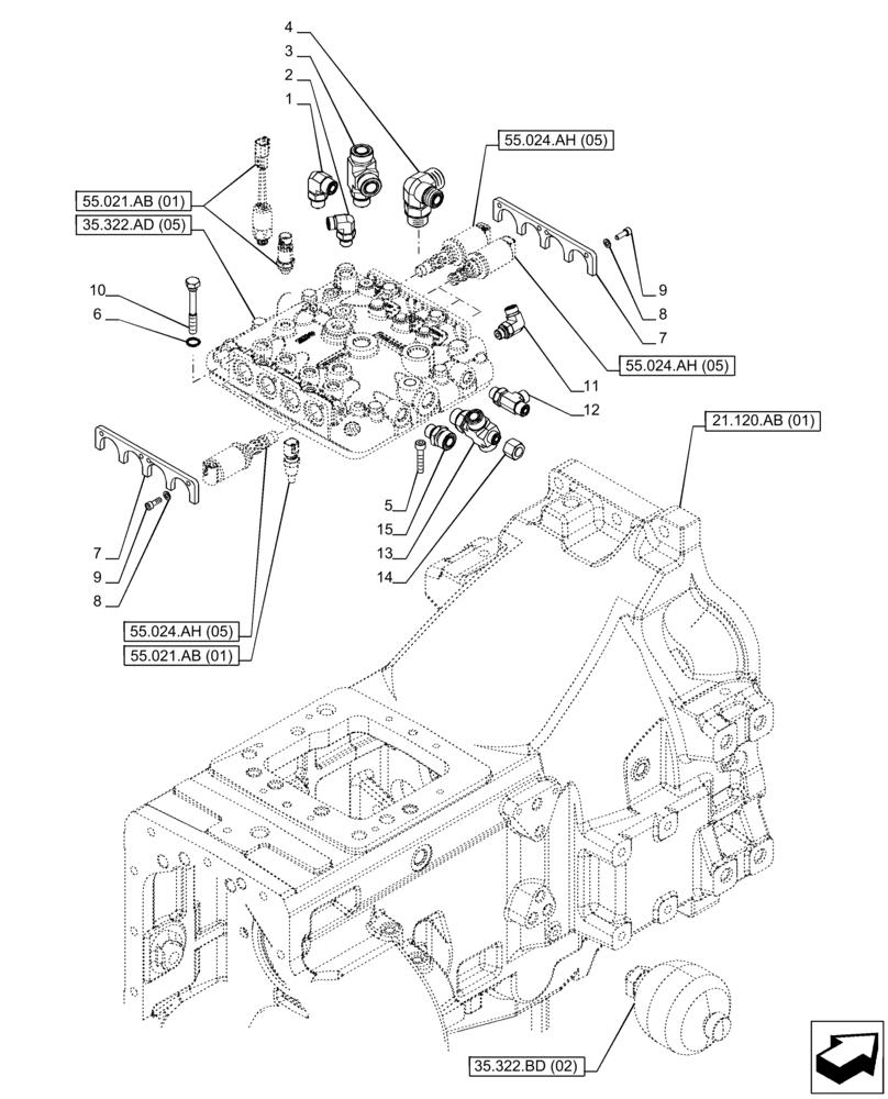 Схема запчастей Case IH PUMA 150 - (35.322.AD[04]) - VAR - 758016, 758017, 758018, 758019, 758020, 758021 - LOW PRESSURE, MANIFOLD (35) - HYDRAULIC SYSTEMS