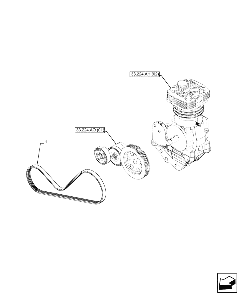 Схема запчастей Case IH PUMA 185 CVT - (33.224.AL[02]) - VAR - 758038, 758039, 758041, 758042, 758043, 758044 - TRAILER BRAKE, COMPRESSOR, BELT (33) - BRAKES & CONTROLS