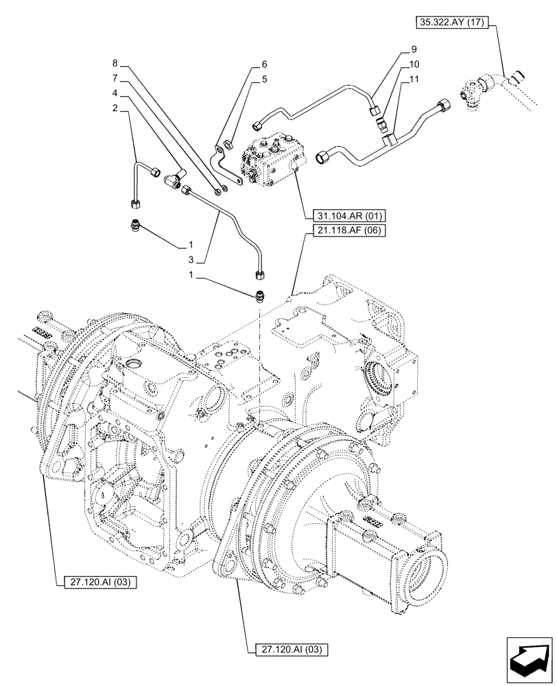 Схема запчастей Case IH PUMA 165 CVT - (21.506.BE) - VAR - 391138, 758022 - TRANSMISSION, LUBRICATION LINE (21) - TRANSMISSION