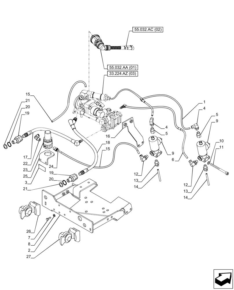 Схема запчастей Case IH PUMA 165 CVT - (33.224.AZ[02]) - VAR. 758038, 758039 - TRAILER BRAKE VALVE (33) - BRAKES & CONTROLS