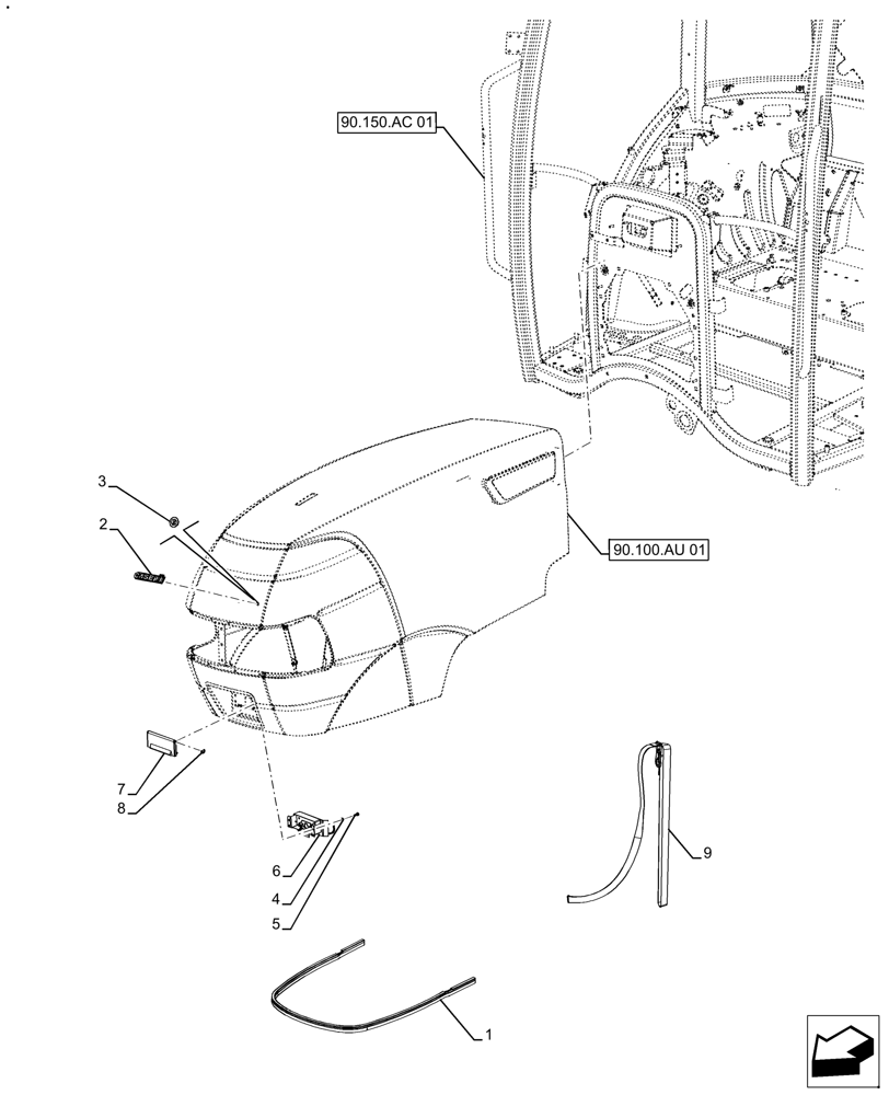 Схема запчастей Case IH FARMALL 130A - (90.102.AU[01]) - VAR - 391610, 393315 - HOOD (90) - PLATFORM, CAB, BODYWORK AND DECALS