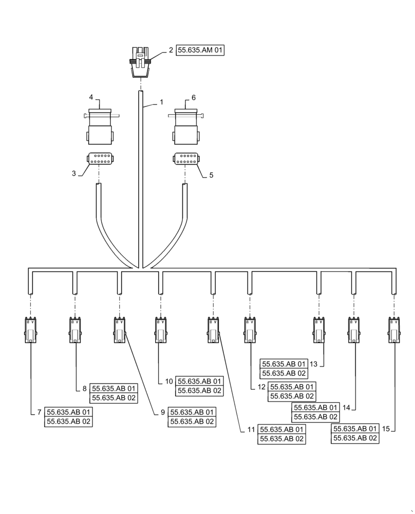 Схема запчастей Case IH PATRIOT 3340 - (55.635.AM[04]) - AIM COMMAND, 90, 5 AND 6 SECTION, OUTER HARNESS, 9 NOZZLE (55) - ELECTRICAL SYSTEMS