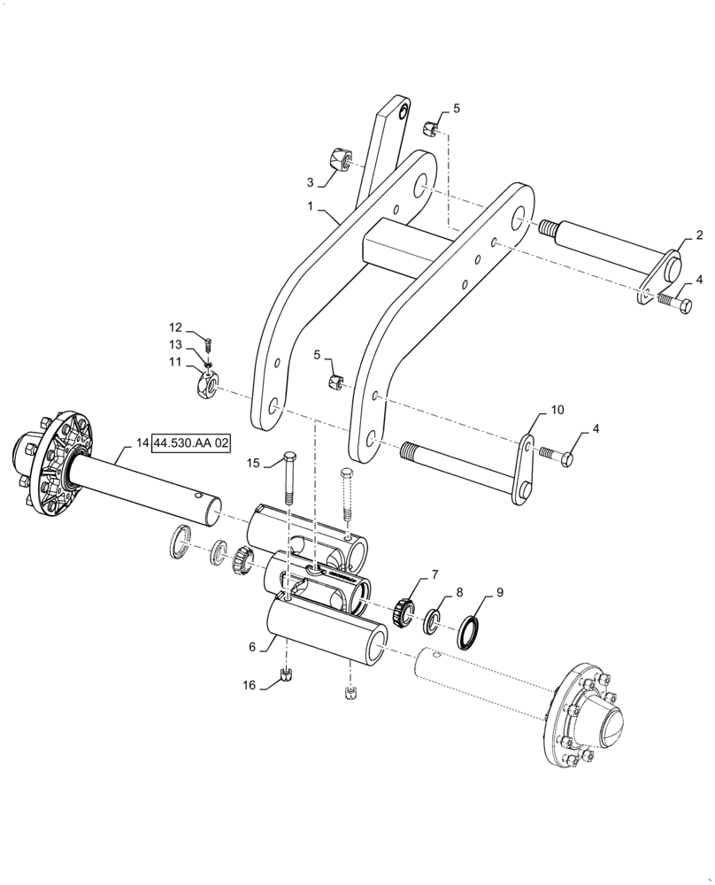 Схема запчастей Case IH TRUE-TANDEM 345 - (44.530.AC[03]) - LEFT WING PEDISTAL AND TANDEM 8 BOLT (44) - WHEELS