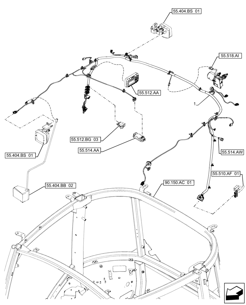 Схема запчастей Case IH FARMALL 120A - (55.510.AH[01]) - VAR - 334743, 391126 - HARNESS, ROOF-MOUNTED, CAB (55) - ELECTRICAL SYSTEMS