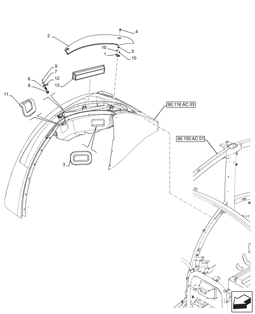 Схема запчастей Case IH FARMALL 130A - (90.116.AC[04]) - VAR - 391610 - REAR FENDER, COVER, CAB (90) - PLATFORM, CAB, BODYWORK AND DECALS