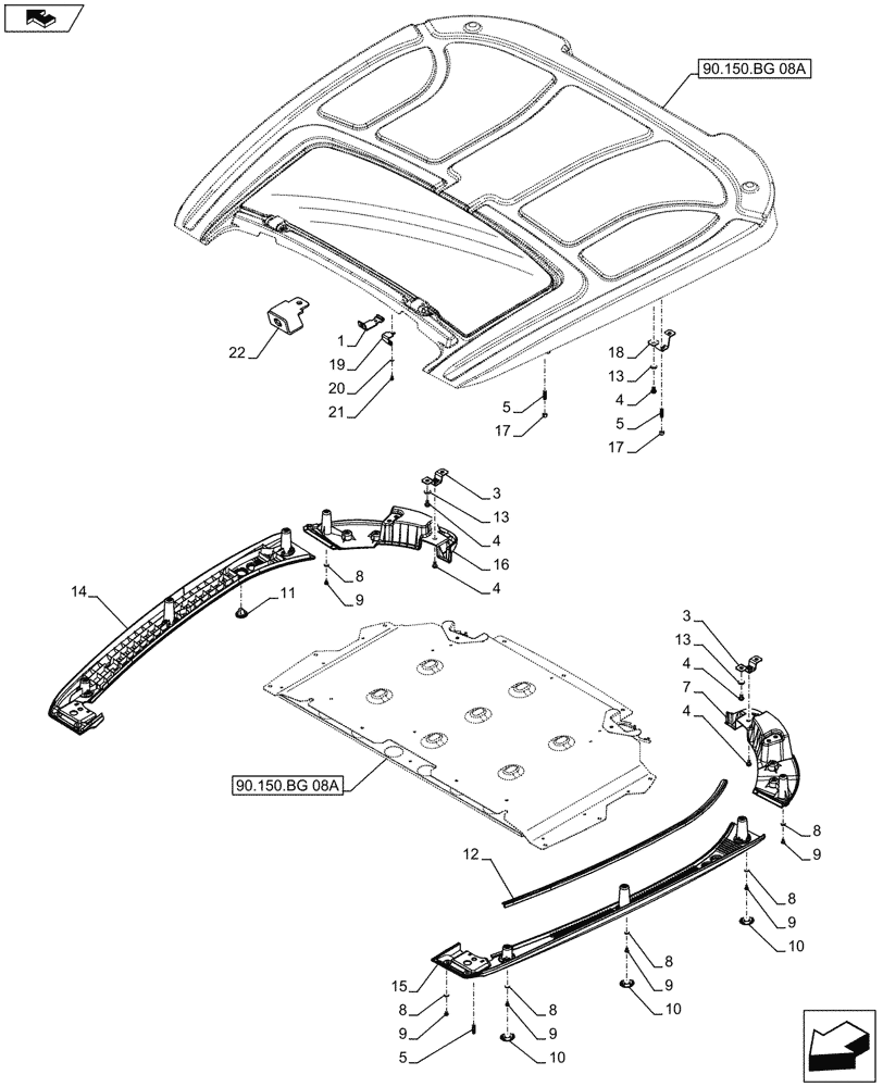 Схема запчастей Case IH FARMALL 115C - (90.150.BG[09A]) - VAR - 743496, 334179, 334180, 334183, 334185, 334211, 336606 - CAB ROOF, SUPPORT - NA - BEGIN YR 10-OCT-2012 (90) - PLATFORM, CAB, BODYWORK AND DECALS