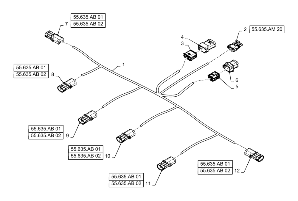 Схема запчастей Case IH PATRIOT 4440 - (55.635.AM[02]) - AIM COMMAND, 90, 5 SECTION, CENTER HARNESS, 6 NOZZLE (55) - ELECTRICAL SYSTEMS