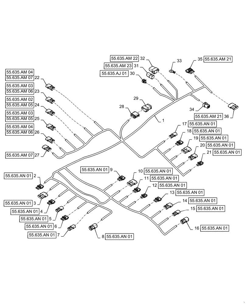 Схема запчастей Case IH PATRIOT 4440 - (55.635.AM[20]) - REAR, AIM COMMAND HARNESS, CENTER SECTION, 90/100 BOOM (55) - ELECTRICAL SYSTEMS