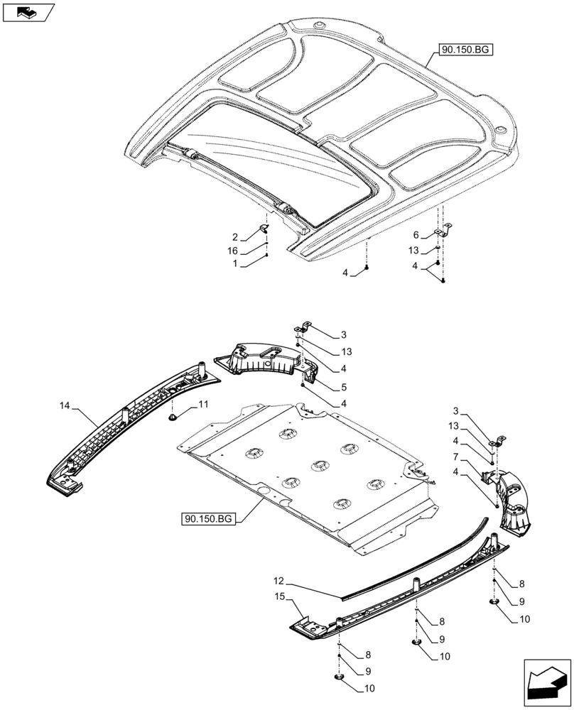 Схема запчастей Case IH FARMALL 115C - (90.150.BG[07]) - VAR - 334182, 334184, 334212, 339606 - CAB ROOF, SUPPORT - ISO - END YR 09-OCT-2012 (90) - PLATFORM, CAB, BODYWORK AND DECALS
