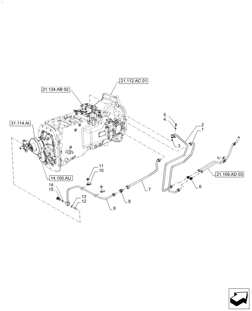 Схема запчастей Case IH FARMALL 120A - (21.109.AD[02]) - VAR - 330059, 330061 - TRANSMISSION COOLER LINES, POWERSHUTTLE (21) - TRANSMISSION