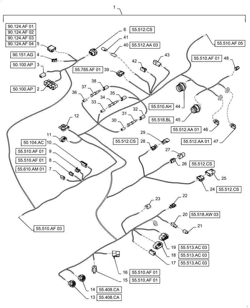 Схема запчастей Case IH QUADTRAC 620 - (55.510.AF[04]) - CAB MAIN WIRE HARNESS, BSN ZFF308000 (55) - ELECTRICAL SYSTEMS
