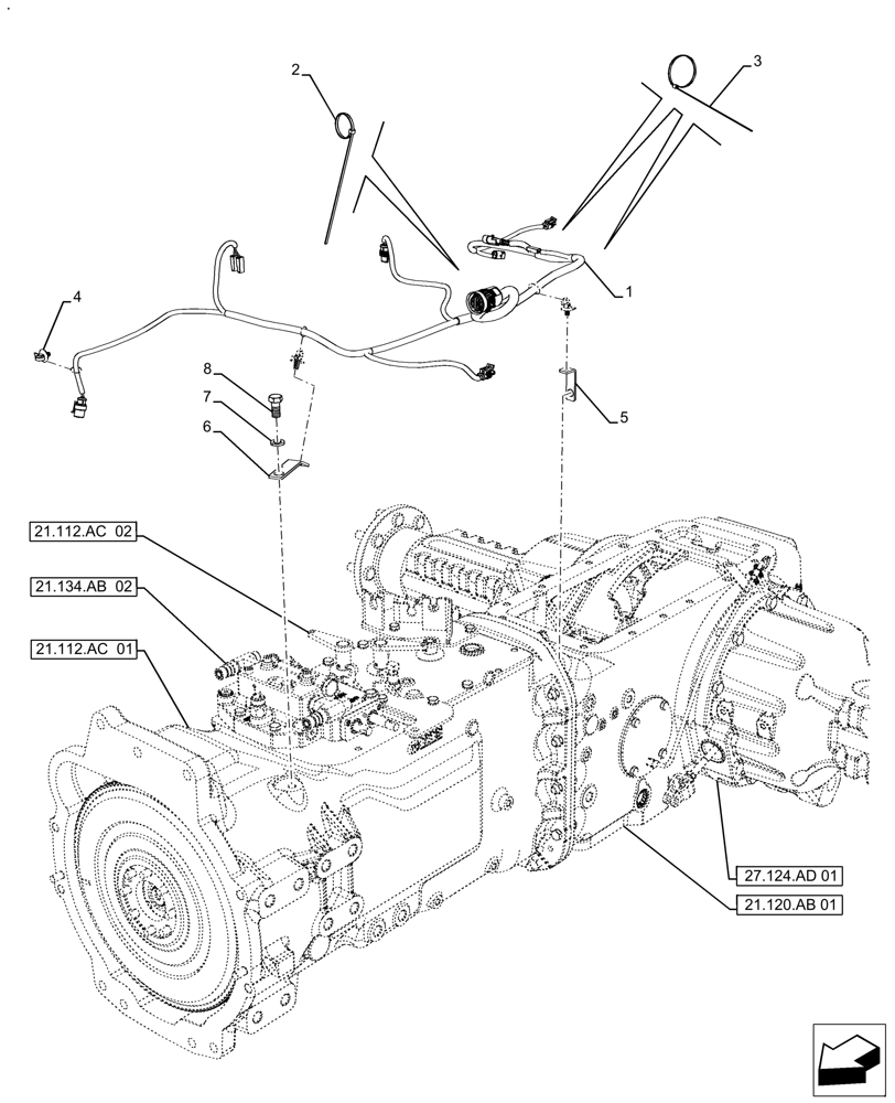 Схема запчастей Case IH FARMALL 120A - (55.024.AA[03]) - VAR - 393315, 390266 - TRANSMISSION, HARNESS, W/O CAB (55) - ELECTRICAL SYSTEMS