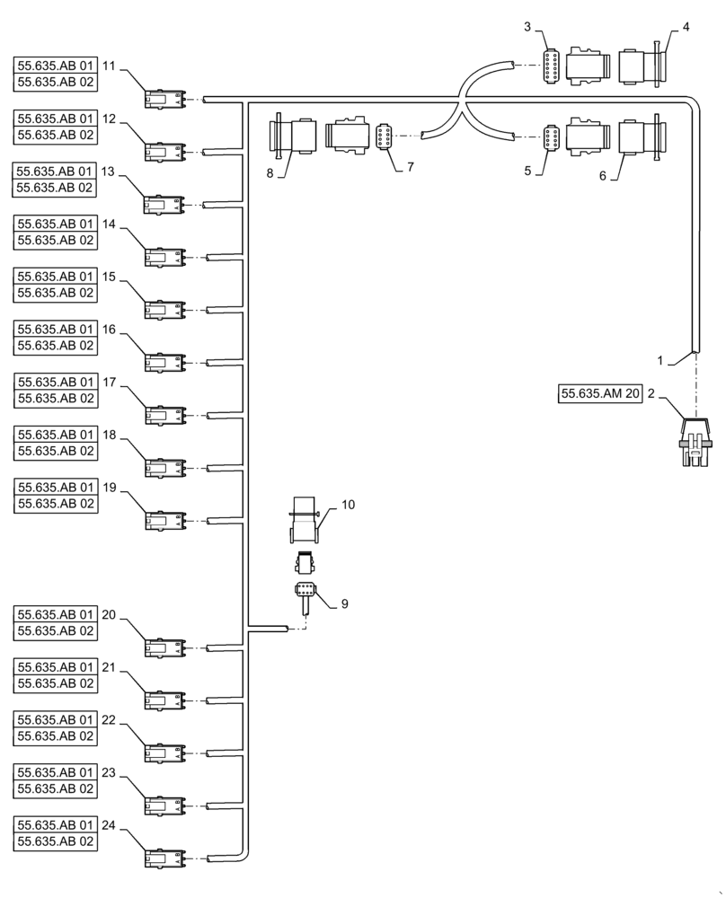 Схема запчастей Case IH PATRIOT 3340 - (55.635.AM[22]) - AIM COMMAND, 120, 7 SECTION, INNER HARNESS, 14 NOZZLE (55) - ELECTRICAL SYSTEMS