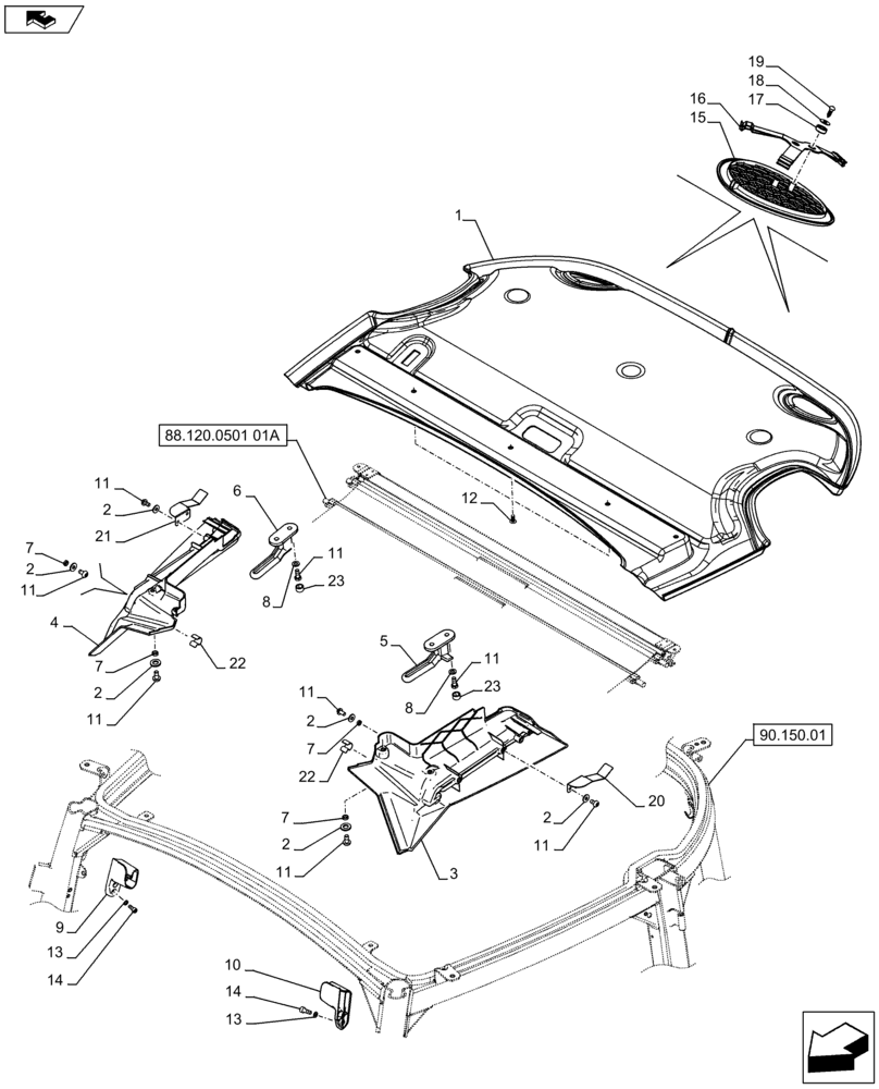Схема запчастей Case IH FARMALL 65C - (90.160.0301[01A]) - CAB WITH HIGH VISIBILITY PANEL - HEADLINER (VAR.333606 / 743574; VAR.336606-339606) - BEGIN YR 06-DEC-2012 (90) - PLATFORM, CAB, BODYWORK AND DECALS