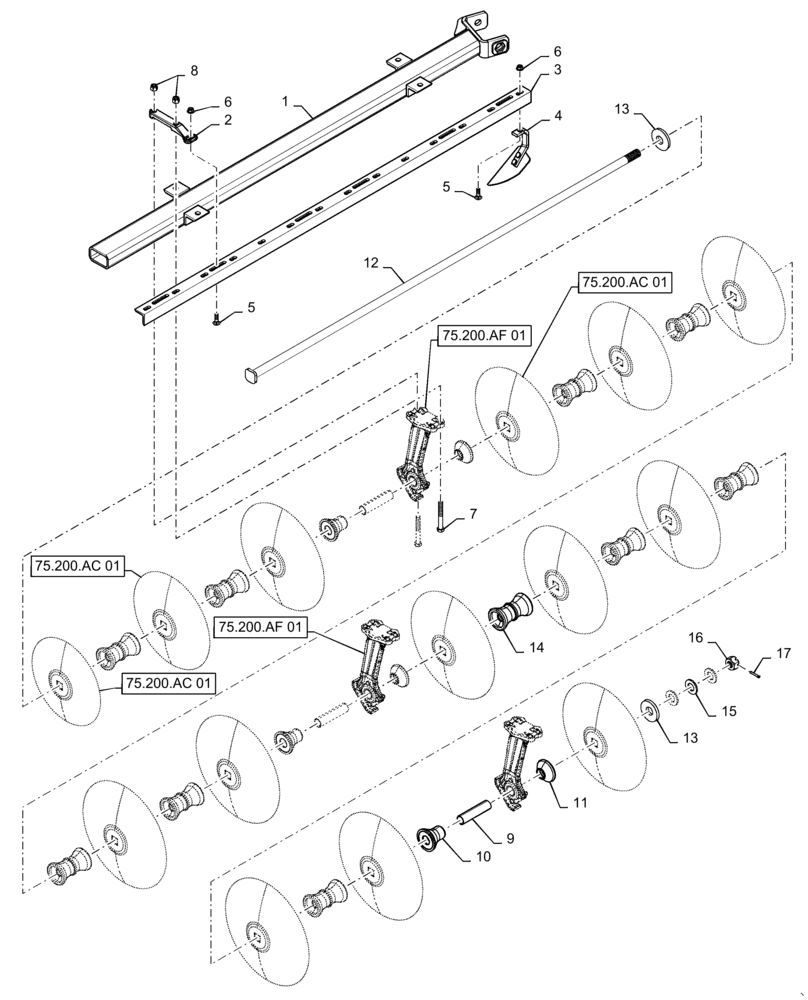 Схема запчастей Case IH TRUE-TANDEM 345 - (75.200.AE[55]) - 28 FOOT LEFT REAR WING-RIGID GANG WITH 7.5 IN. SPACING (75) - SOIL PREPARATION