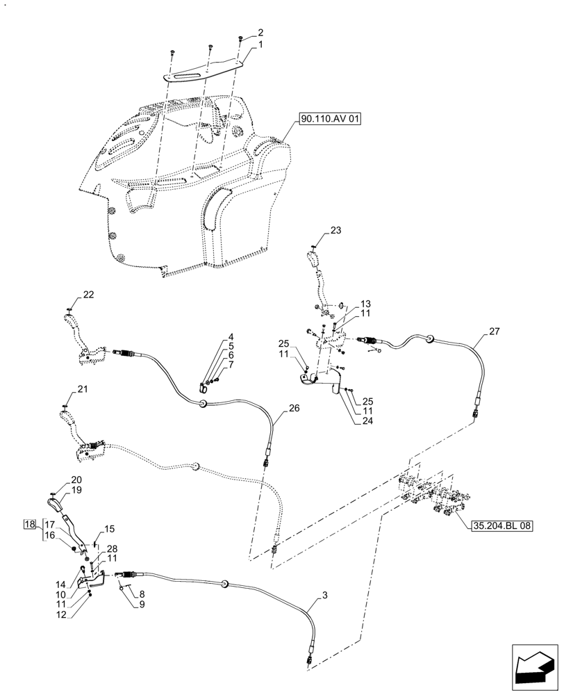 Схема запчастей Case IH FARMALL 120A - (35.204.BL[04]) - VAR - 336107 - 4 REMOTE CONTROL VALVES, CONTROL LEVER, W/O CAB (35) - HYDRAULIC SYSTEMS