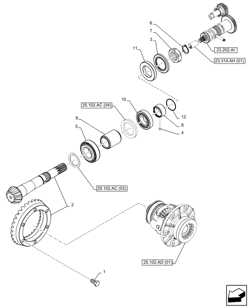 Схема запчастей Case IH FARMALL 110C - (25.102.AC[02]) - VAR - 390328, 743559, 744580, 744990 - FRONT AXLE, BEVEL GEAR, 4WD (25) - FRONT AXLE SYSTEM