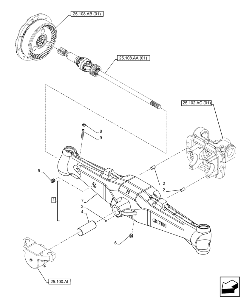 Схема запчастей Case IH FARMALL 120C - (25.100.AD[01]) - VAR - 390328, 743559, 744580, 744990 - FRONT AXLE, HOUSING, W/ MECHANICAL ENGAGEMENT, 4WD (25) - FRONT AXLE SYSTEM