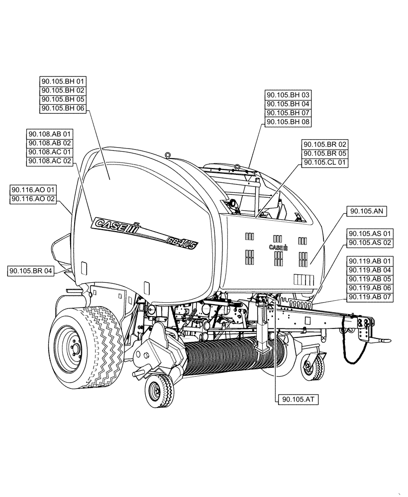 Схема запчастей Case IH RB455 - (90.000.00) - PICTORIAL INDEX - PLATFORM, CAB, BODYWORK AND DECALS (90) - PLATFORM, CAB, BODYWORK AND DECALS