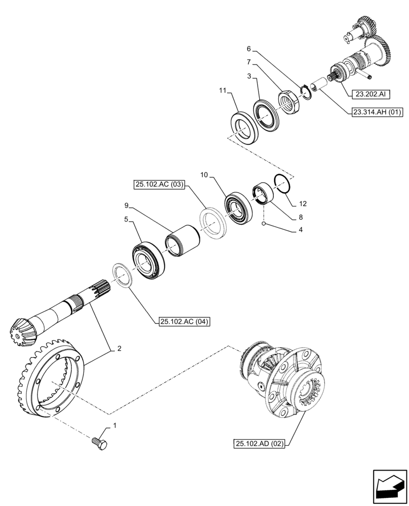 Схема запчастей Case IH FARMALL 100C - (25.102.AC[07]) - VAR - 337323 - FRONT AXLE, BEVEL GEAR, W/ ELECTROHYDRAULIC ENGAGEMENT, 4WD, HEAVY DUTY, HI-LO (25) - FRONT AXLE SYSTEM