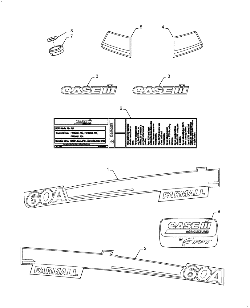 Схема запчастей Case IH FARMALL 60A - (90.108.AB[01]) - BRAND AND INFORMATION DECAL (90) - PLATFORM, CAB, BODYWORK AND DECALS