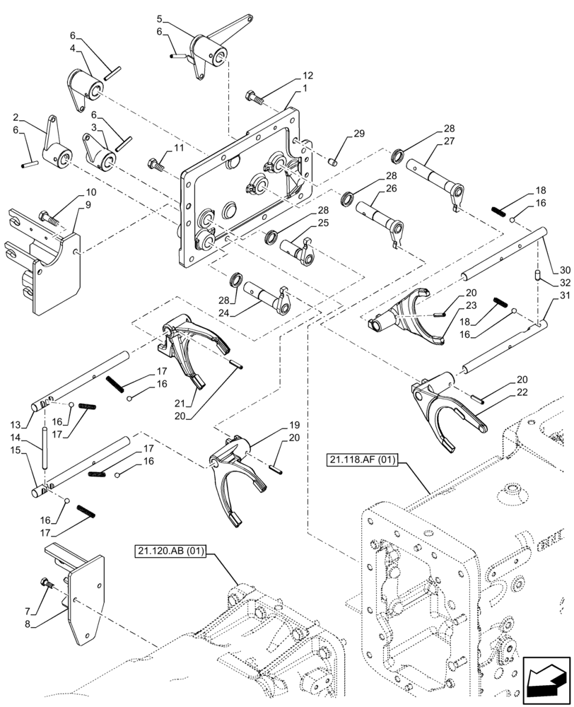 Схема запчастей Case IH FARMALL 110C - (21.507.AJ[02]) - VAR - 330276, 334176, 743546, 744576 - TRANSMISSION, GEARSHIFT, FORK, SHIFT RAIL (12X12) (12X12 CREEPER) (21) - TRANSMISSION