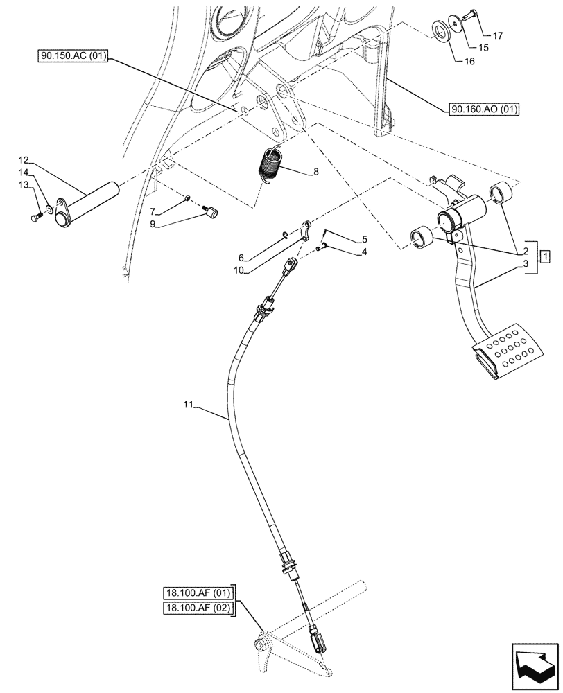 Схема запчастей Case IH FARMALL 120C - (18.100.AF[01]) - VAR - 390067, 743546, 744576 - CLUTCH, PEDAL, FLEXIBLE CONTROL (8X8) (12X12) (12X12 CREEPER) (18) - CLUTCH