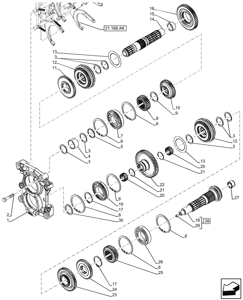 Схема запчастей Case IH FARMALL 100C - (21.168.AI[02]) - VAR - 390275 - TRANSMISSION, POWERSHUTTLE, GEARS & SHAFT, HI-LO (24X24) (21) - TRANSMISSION