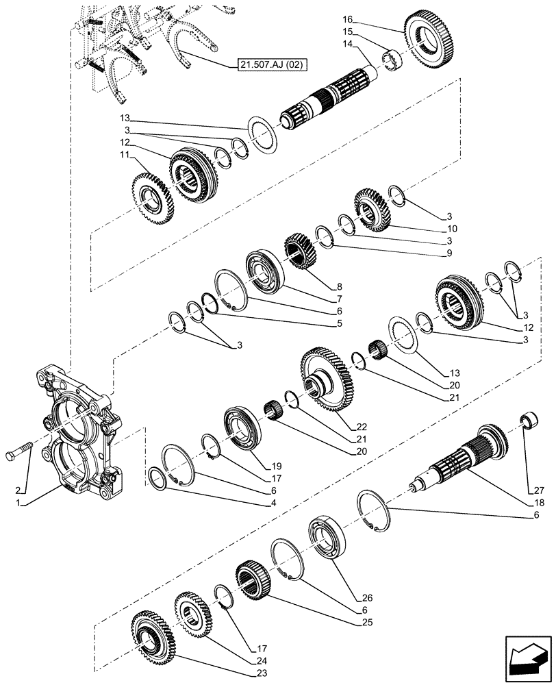 Схема запчастей Case IH FARMALL 110C - (21.154.AO[02]) - VAR - 334176 - TRANSMISSION, POWERSHUTTLE, GEARS & SHAFT (12X12) (CREEPER) (21) - TRANSMISSION