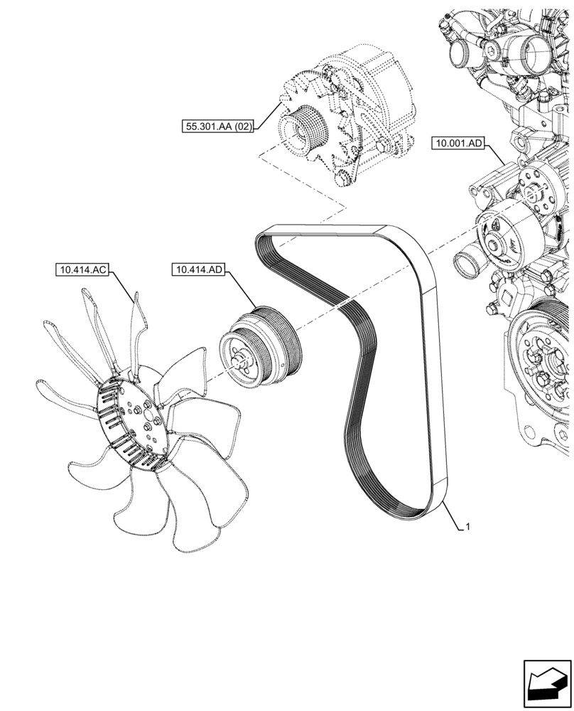 Схема запчастей Case IH FARMALL 120C - (10.414.BE[02]) - VAR - 390018 - ENGINE, BELT, W/O CAB (10) - ENGINE