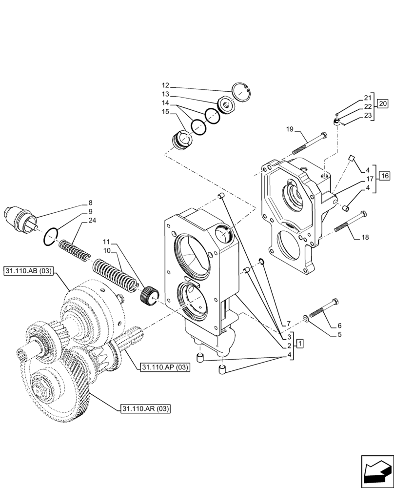 Схема запчастей Case IH FARMALL 90C - (31.110.AI[03]) - VAR - 743565 - PTO 540 RPM, COVER, POWERSHUTTLE (31) - IMPLEMENT POWER TAKE OFF