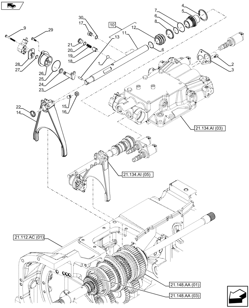 Схема запчастей Case IH FARMALL 105U - (21.134.AI[04]) - VAR - 334114, 390430 - GEARSHIFT, CONTROLS (21) - TRANSMISSION