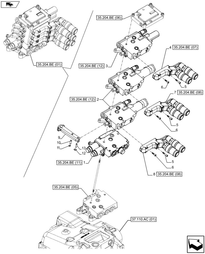 Схема запчастей Case IH FARMALL 115U - (35.204.BE[02]) - VAR - 331844 - REMOTE CONTROL VALVE, BLOCK, COMPONENTS (3 REMOTES) (35) - HYDRAULIC SYSTEMS