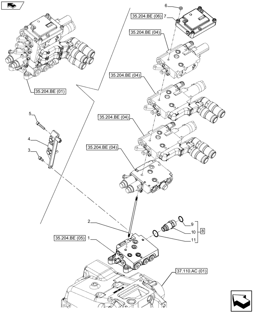 Схема запчастей Case IH FARMALL 115U - (35.204.BE[03]) - VAR - 332844 - REMOTE CONTROL VALVE, BLOCK, COMPONENTS (3 REMOTES) (35) - HYDRAULIC SYSTEMS